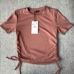 Zara mauve ribbed knit side tie cropped tee